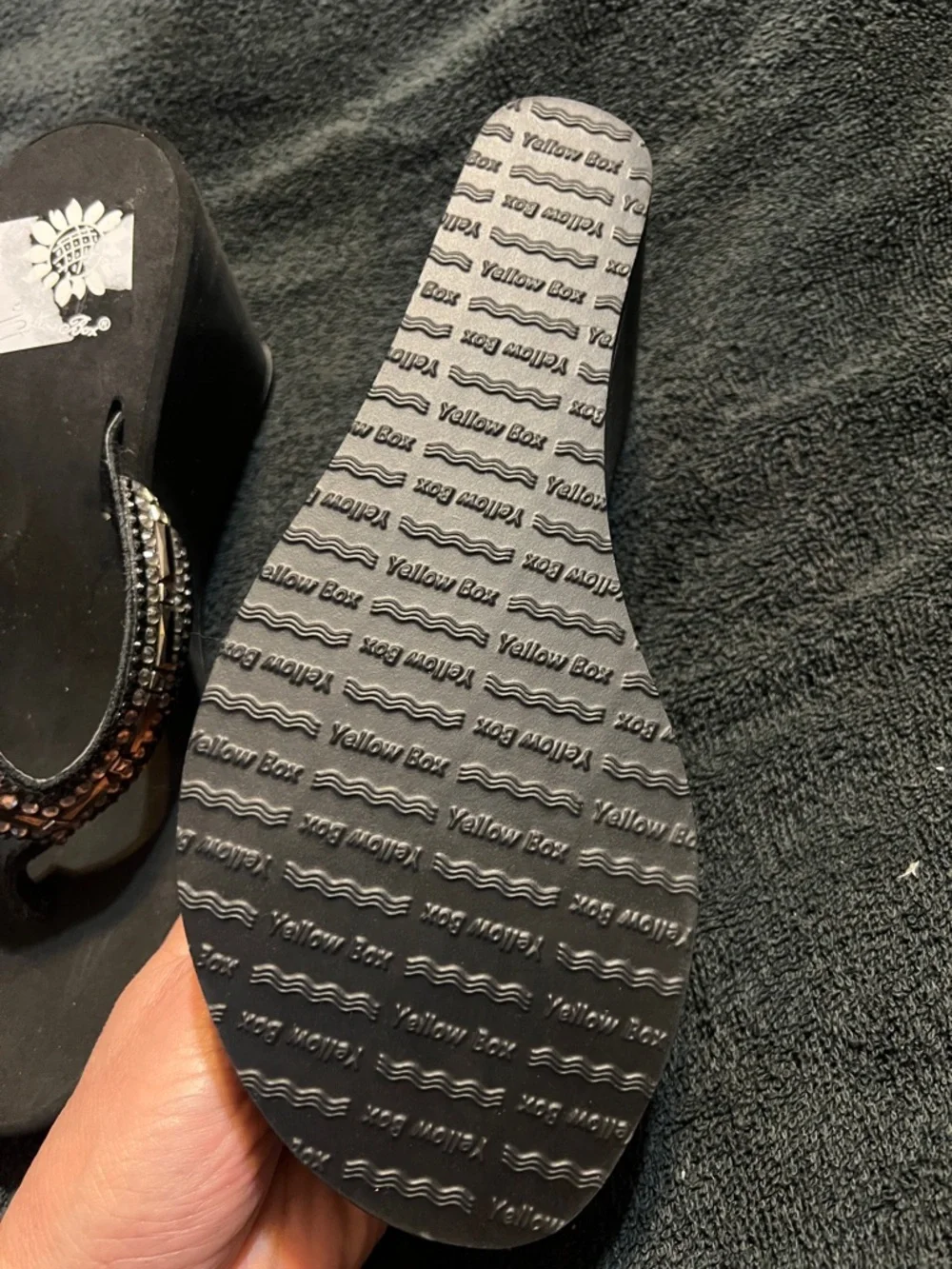 Yellow Box Black Beaded wedge Flip Flop Sandals - Picture 4 of 6